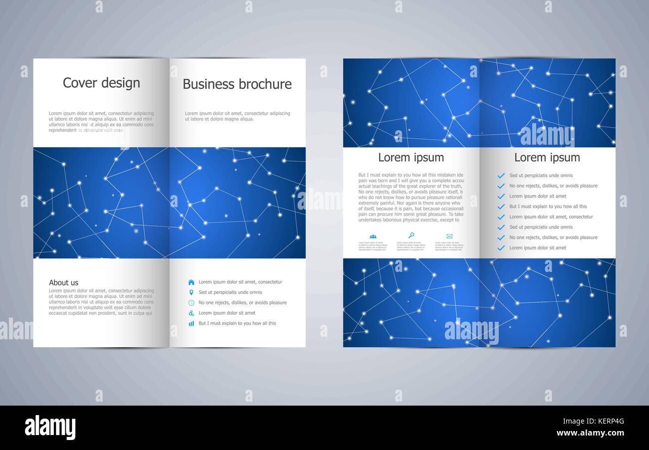 Bi-fold brochure aziendale modello. Grafica geometrica e le tubazioni collegate con punti. Medico, scientifico e tecnologico di concetto. Illustrazione Vettoriale Illustrazione Vettoriale