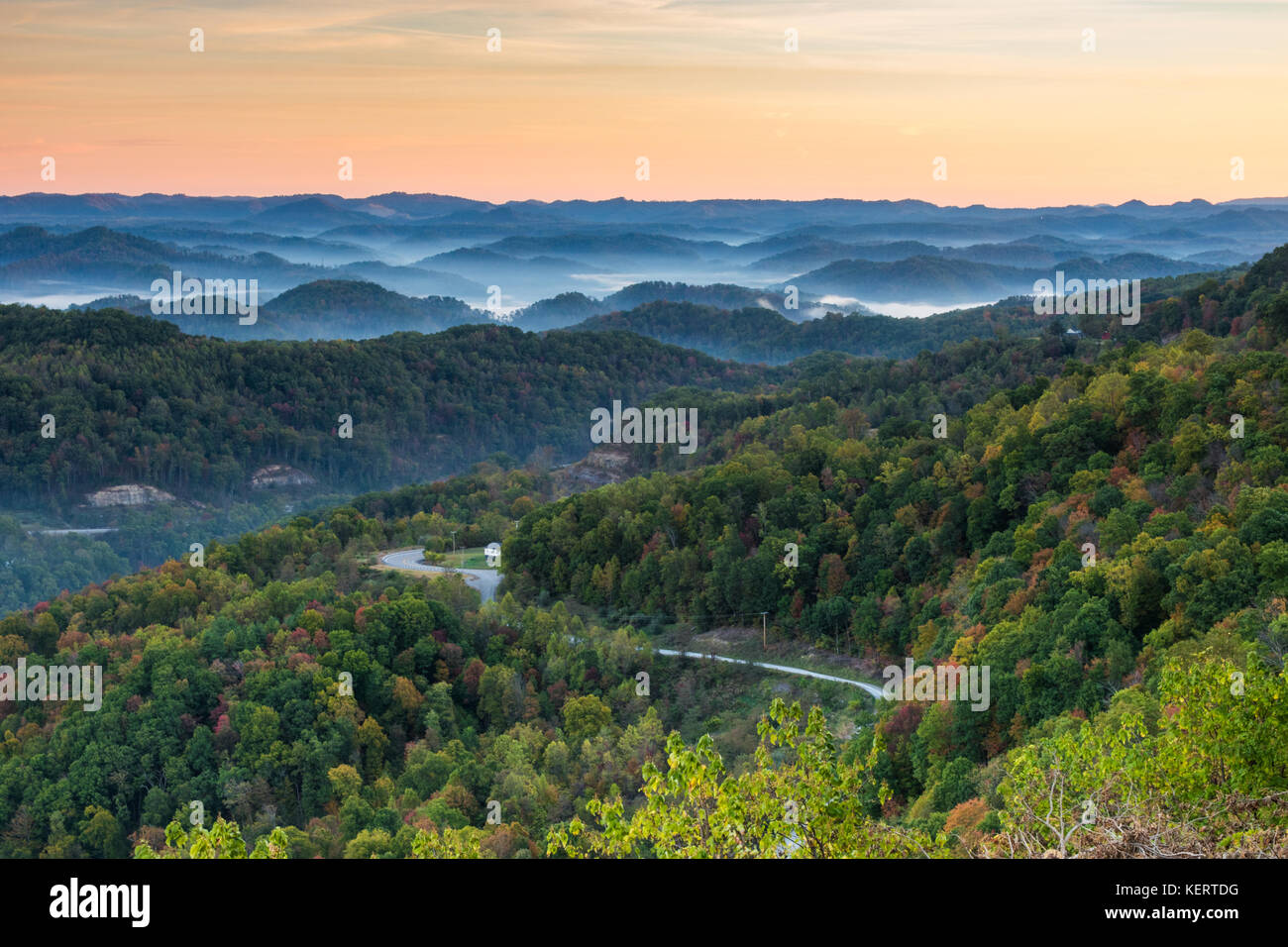 Una strada si snoda attraverso una foresta di Appalachi all'inizio dell'autunno. Foto Stock