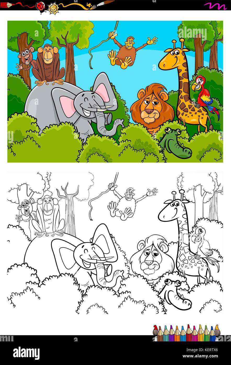 Illustrazione del fumetto di animali selvatici in libro da colorare attività Illustrazione Vettoriale