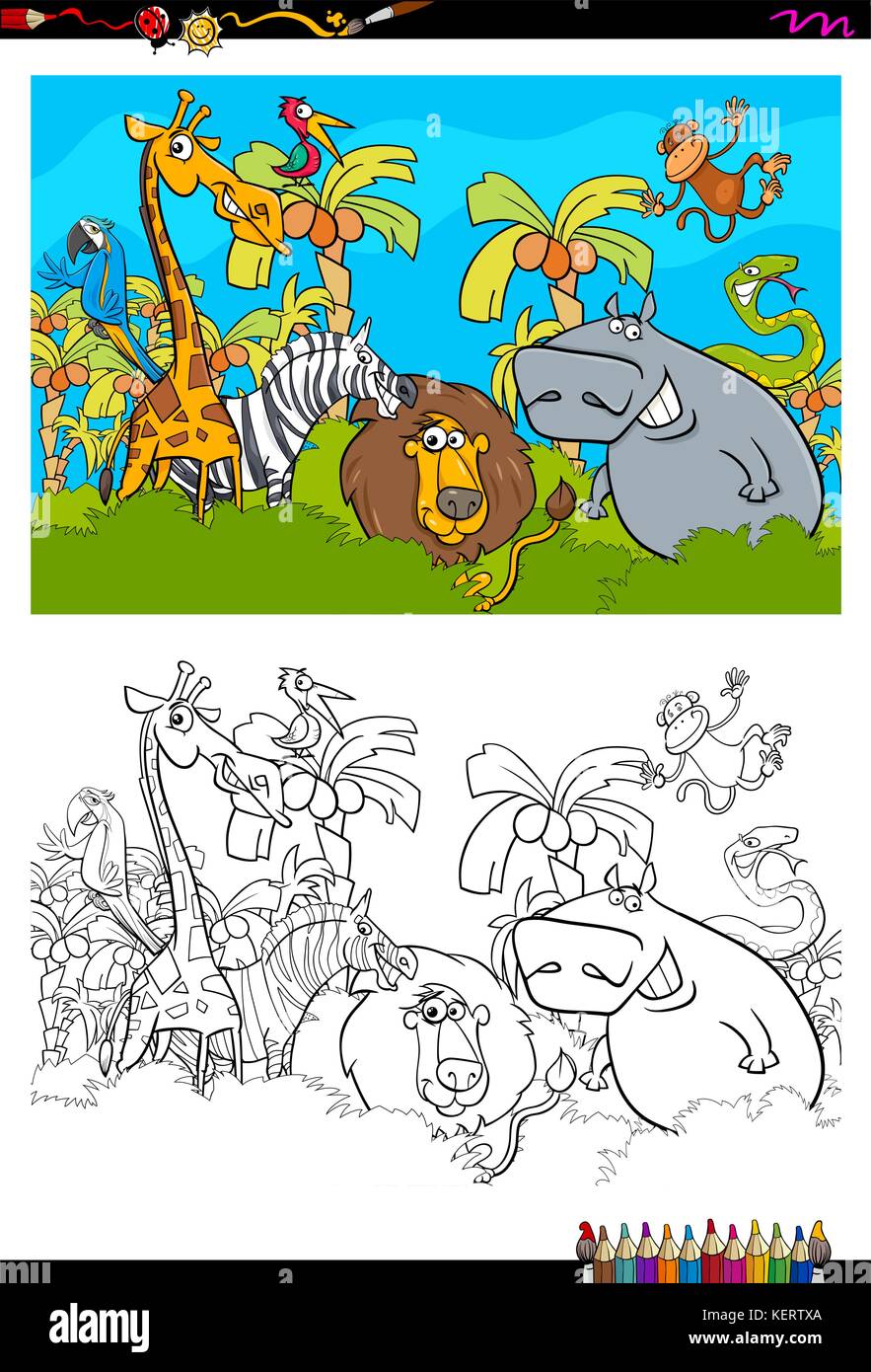 Cartoon illustrazione di safari animali selvatici in libro da colorare attività Illustrazione Vettoriale
