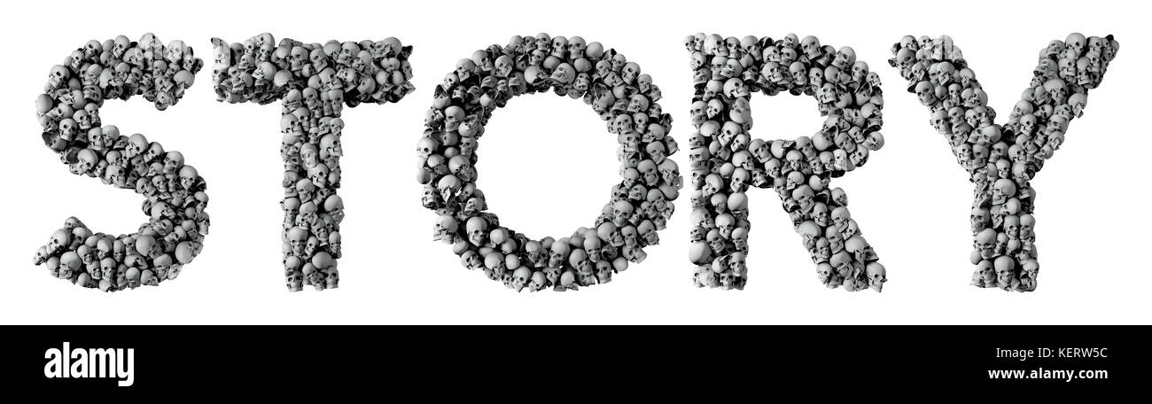 Storia parola fatta da un teschio font. Il rendering 3D Foto Stock
