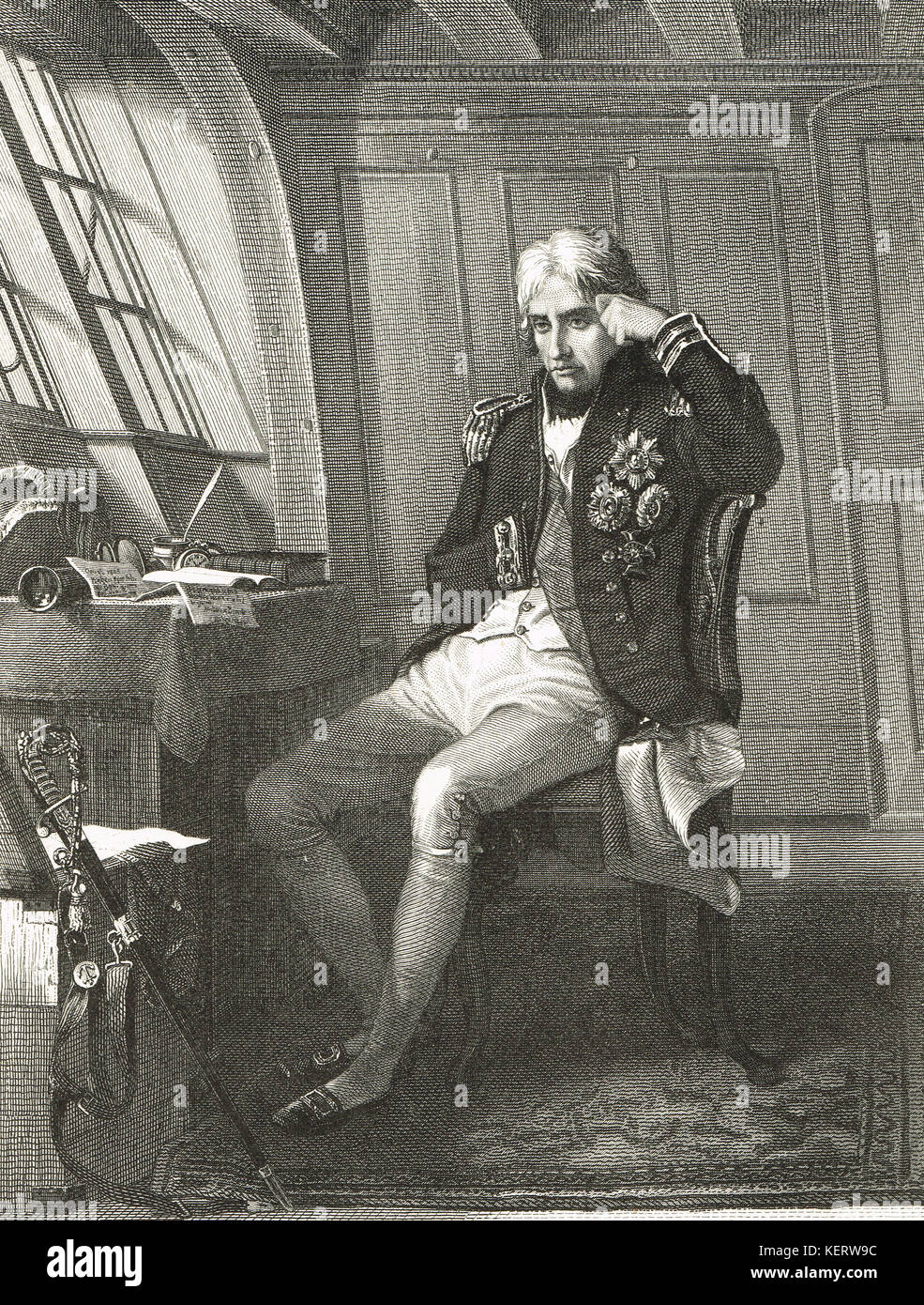 Horatio Nelson nella sua cabina sulla HMS Victory, la mattina della battaglia di Trafalgar, 21 Ottobre 1805 Foto Stock