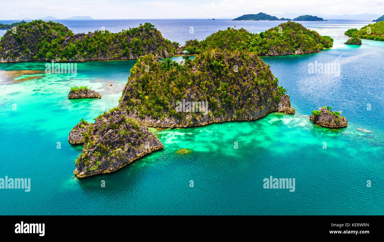 Isole pianemo, blue lagoon con rocce verdi, Raja Ampat, Papua occidentale, in Indonesia. Foto Stock