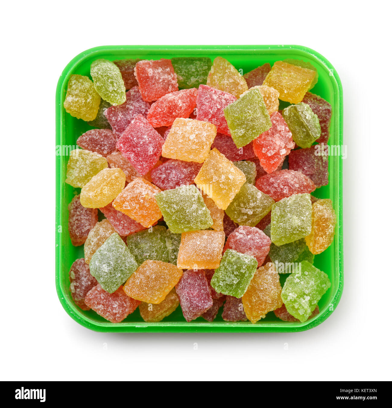 Vista dall'alto di zucchero colorate caramelle box isolato su bianco Foto Stock