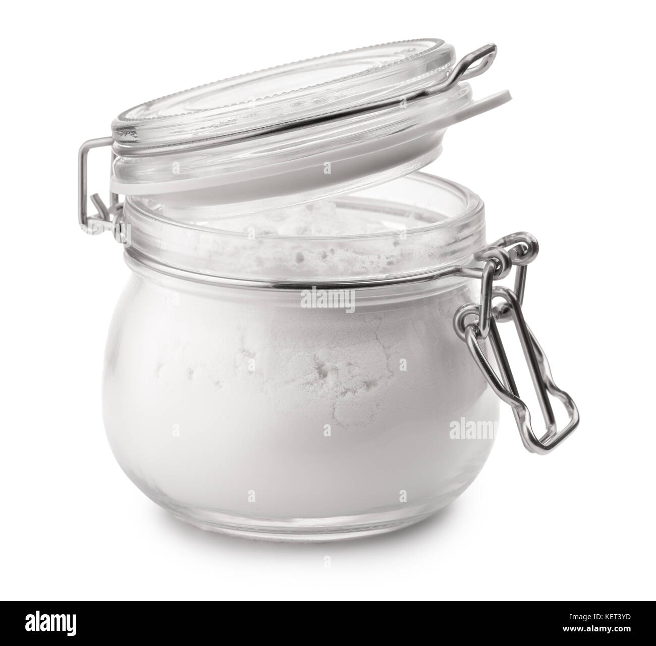 Il vasetto di vetro di amido di mais isolato su bianco Foto Stock