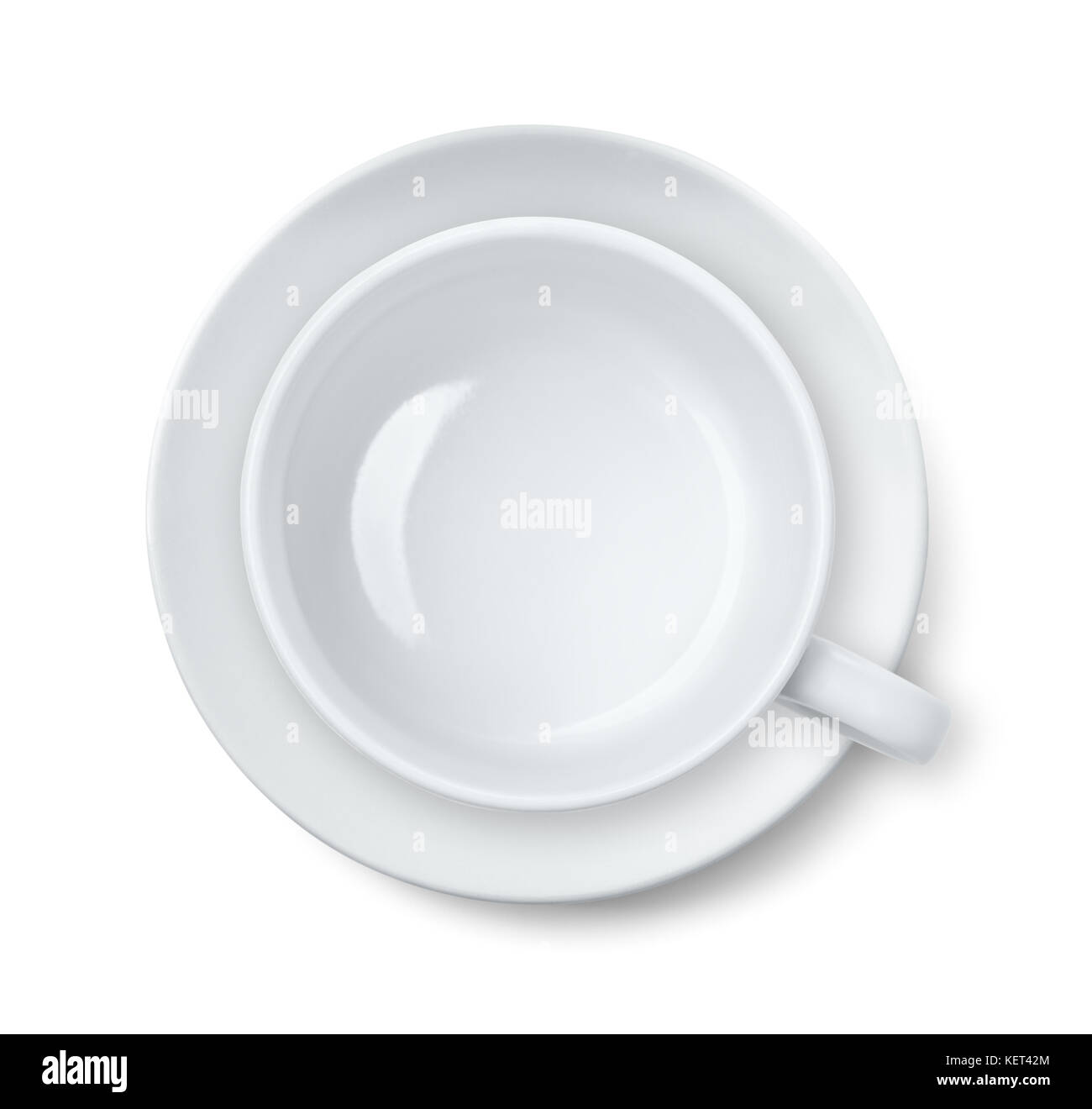 Vista superiore del vuoto tazza da caffè con piattino isolato su bianco Foto Stock