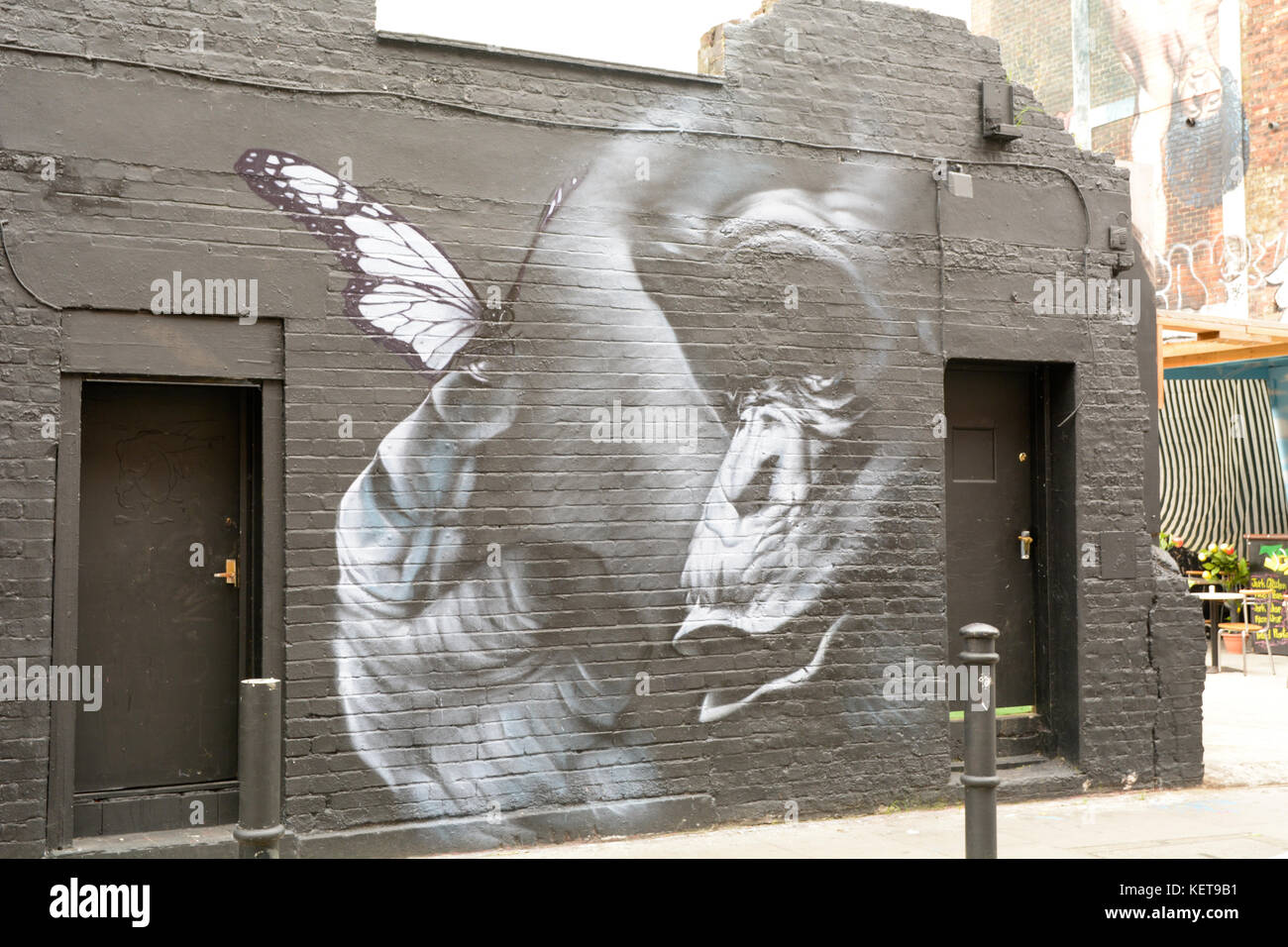 Gorilla e butterfly arte di strada da TraficGraphics su Hanbury Street off Brick Lane a Londra Inghilterra Foto Stock