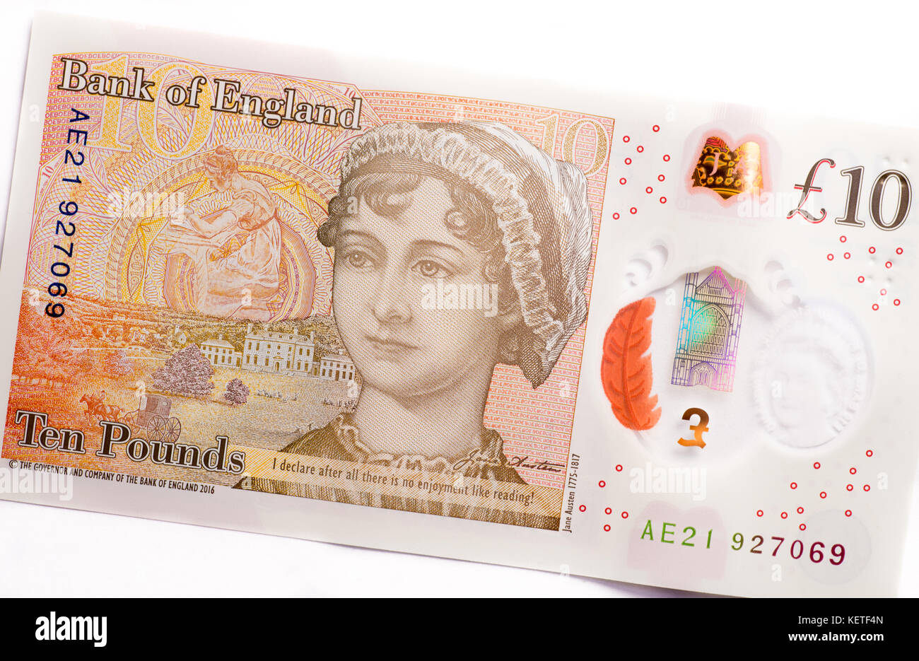 2017 Nuovo British dieci pound nota con l'autore Jane Austin, realizzata dal polimero di plastica Foto Stock