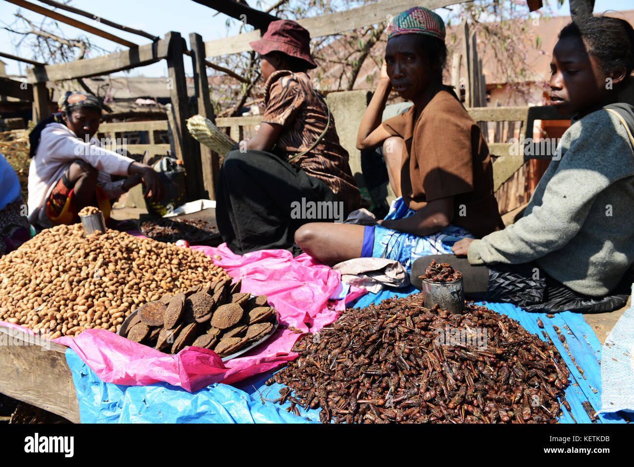 Fritte locust venduti in un mercato in Madagascar centrale. Foto Stock Fritte locust venduti in un mercato in Madagascar centrale. Foto Stock
