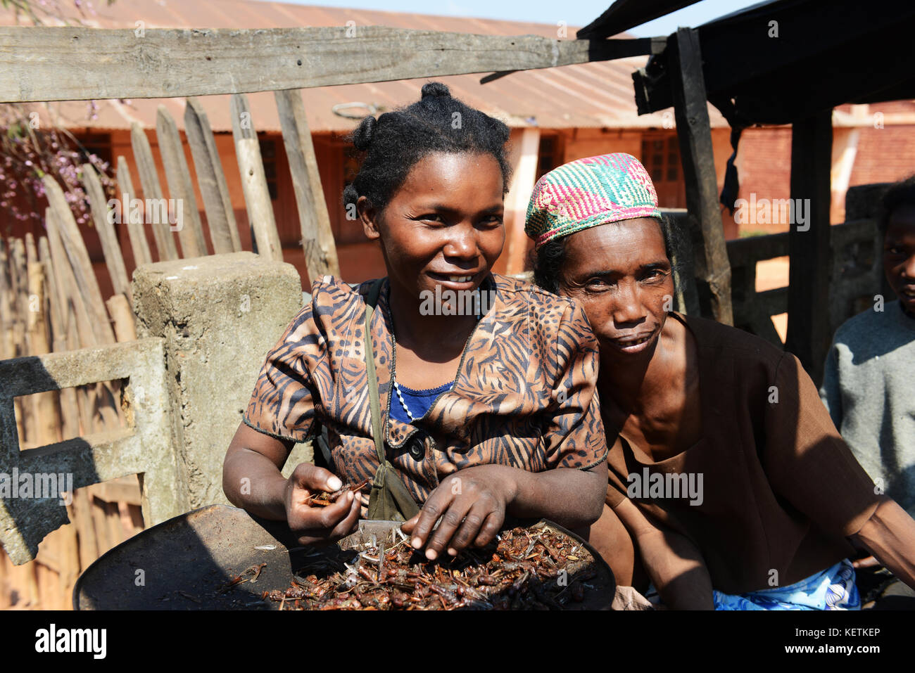 Fritte locust venduti in un mercato in Madagascar centrale. Foto Stock Fritte locust venduti in un mercato in Madagascar centrale. Foto Stock