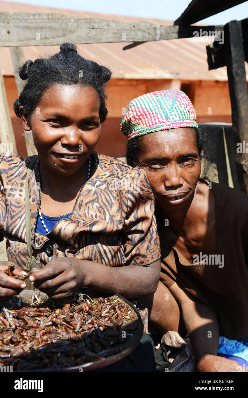 Fritte locust venduti in un mercato in Madagascar centrale. Foto Stock Fritte locust venduti in un mercato in Madagascar centrale. Foto Stock
