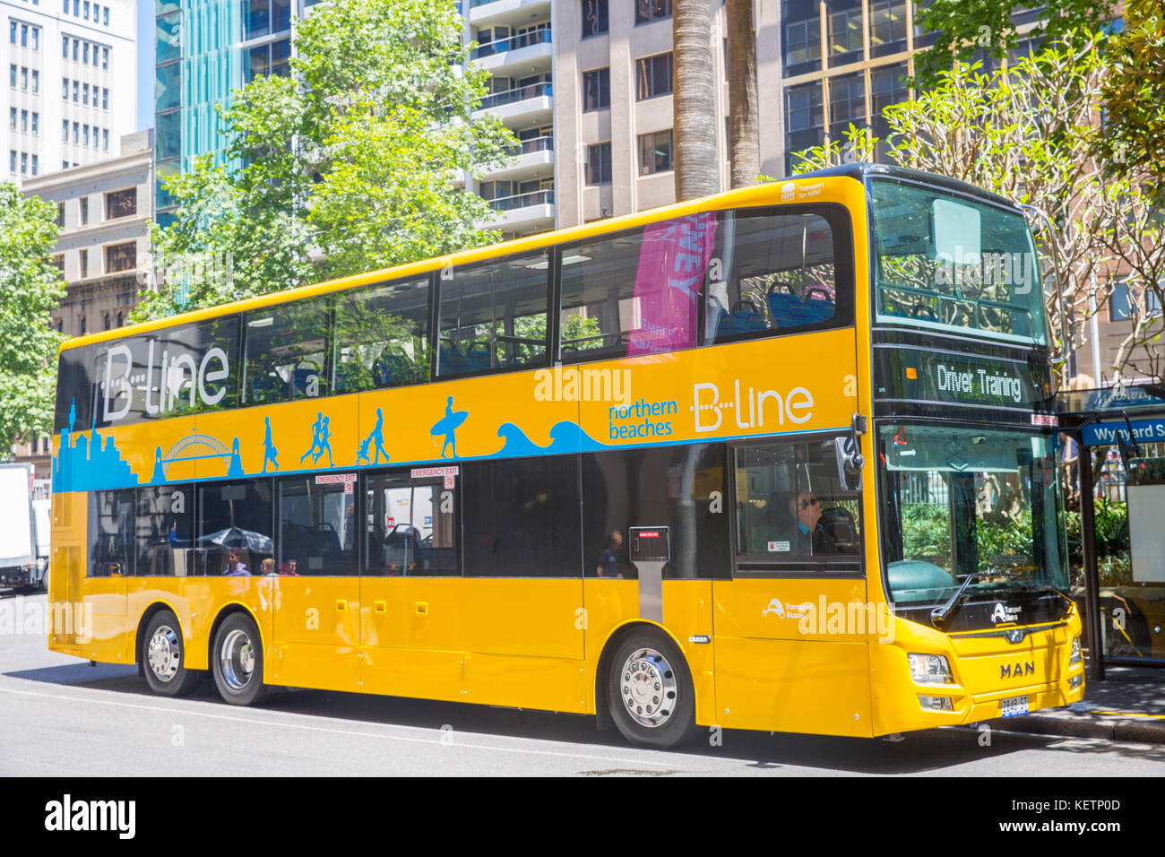 Nuovo giallo di Sydney double decker bus di linea per la linea B servizio bus percorso lungo pittwater road nord di Sydney, Australia Foto Stock