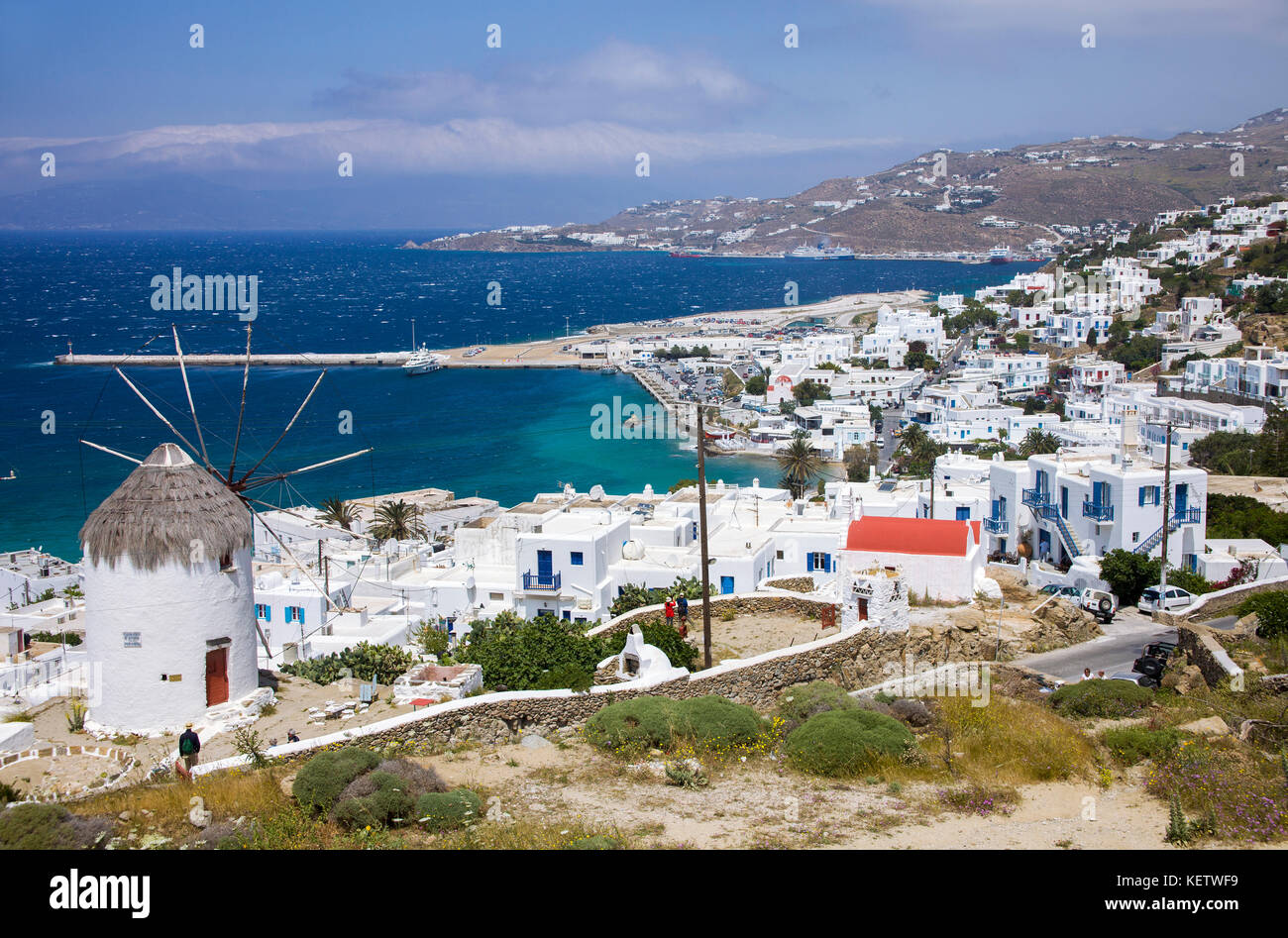 Vista dal mulino a Mykonos-town, Mykonos, Grecia Foto Stock