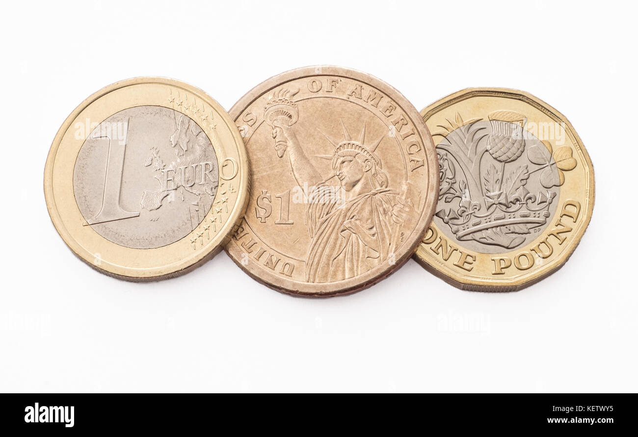 Tre dei più grandi del mondo di negoziazione valute, il dollaro americano, l'euro europeo e la british sterling pound. Foto Stock