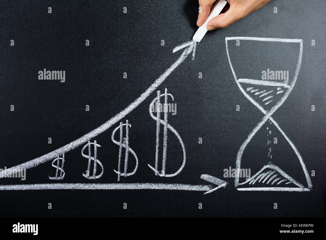 Persona che mostra a mano la crescita del dollaro grafico con clessidra disegnato sulla lavagna Foto Stock