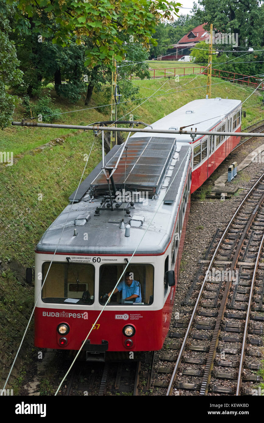 Vista verticale della Fogaskerekű vasút o ruota dentata ferrovia in Budapest. Foto Stock