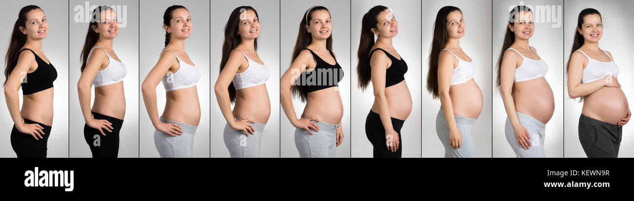 Donna felice con le diverse fasi della gravidanza su sfondo grigio Foto Stock