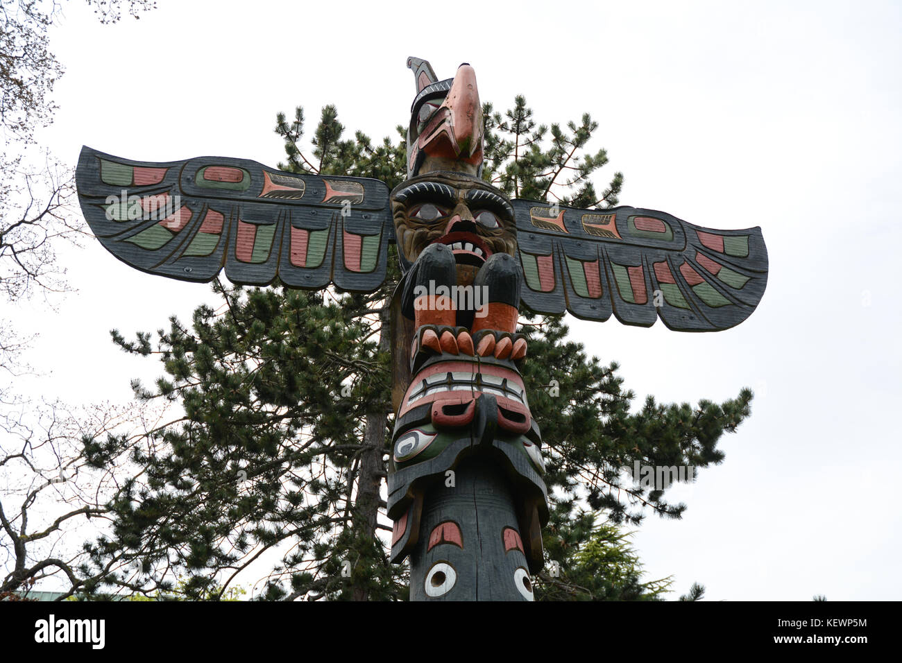 Tradizionali indigeni northwest totem pole sul display per motivi di Royal BC Museum, Victoria, British Columbia, Canada. Foto Stock