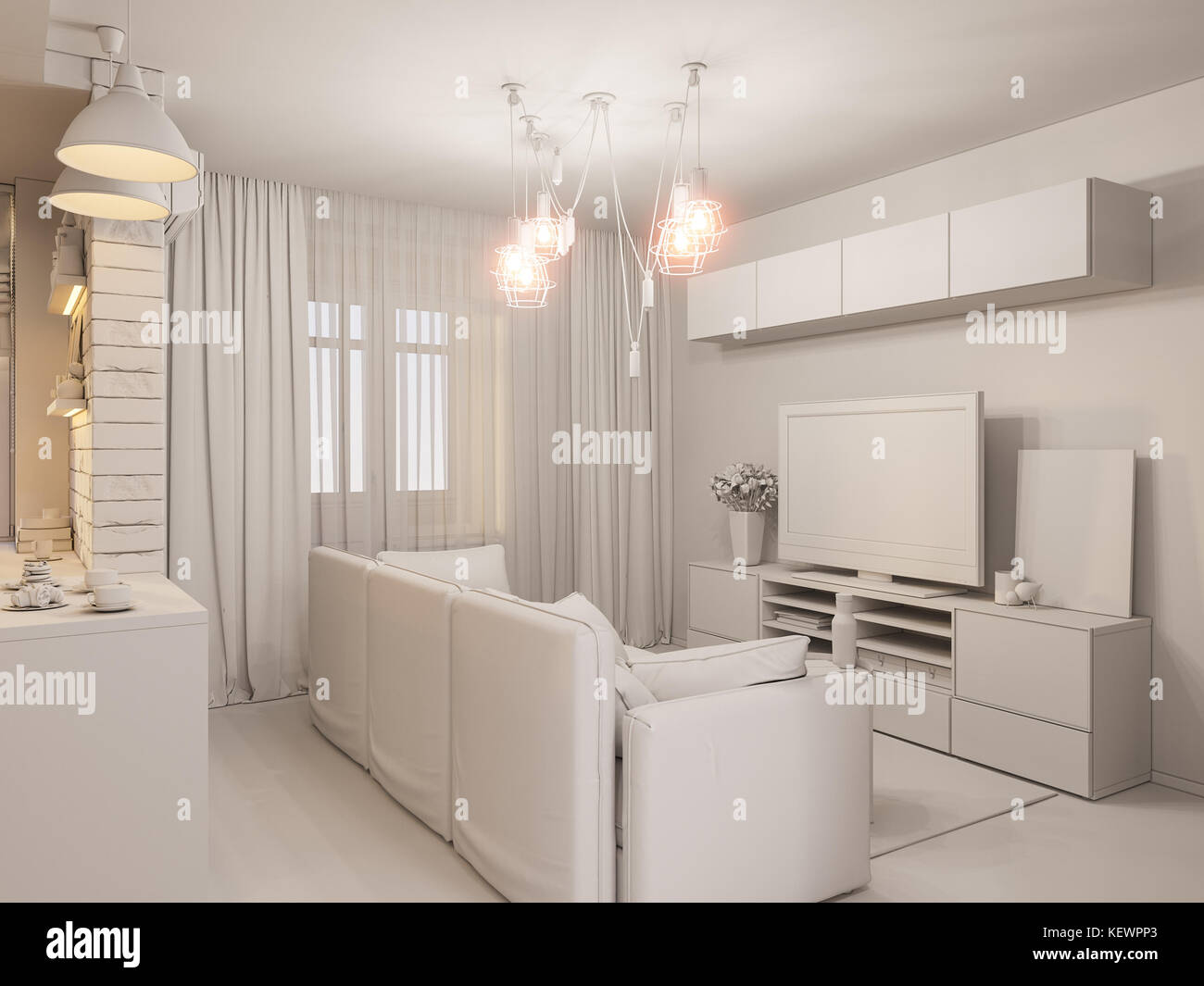 3d illustrazione di un soggiorno e di una cucina design interno moderno. Foto Stock