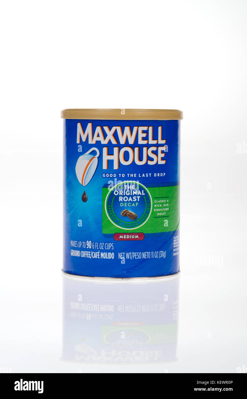 Non aperto di Maxwell House caffè decaffeinato su sfondo bianco, intaglio USA Foto Stock