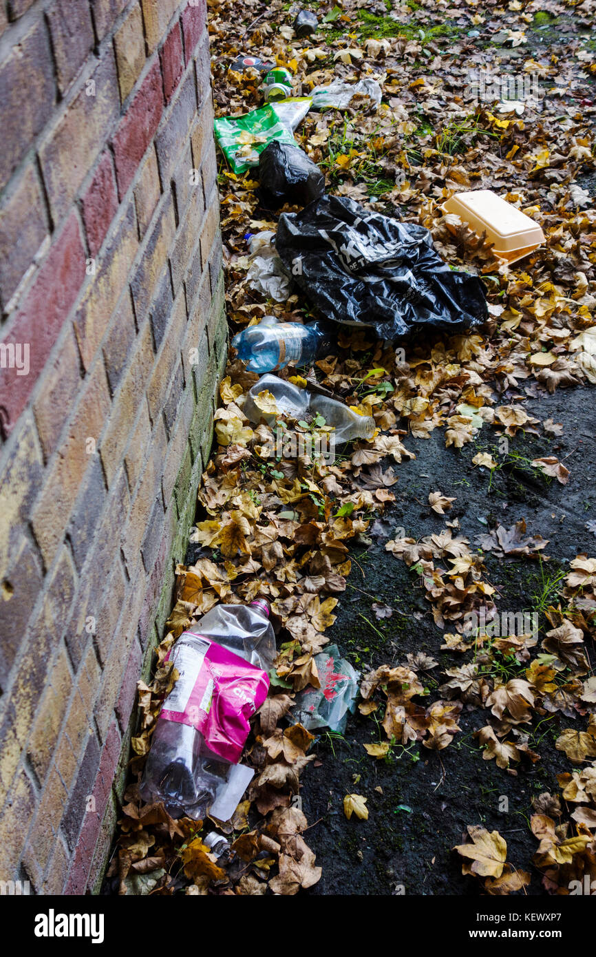 Il cestino e foglie di lettiera suburban inquinamento. Foto Stock