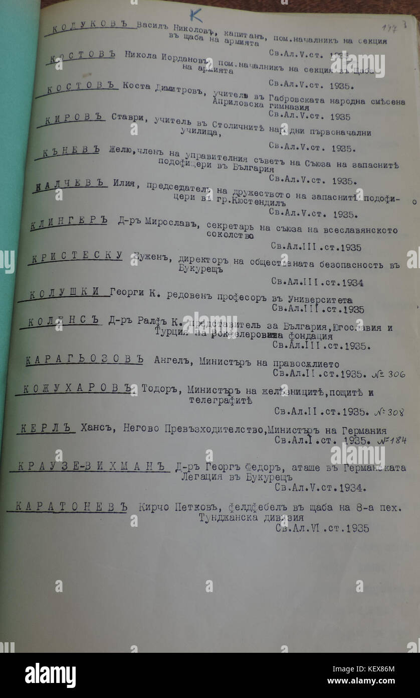 Questa immagine raffigura i destinatari dell'ordine bulgaro di Sant'Alessandro tra il 1912 e il 1935. La medaglia è stata assegnata per il distinto servizio militare e civile in Bulgaria durante un periodo di significativi cambiamenti politici e sociali. Foto Stock