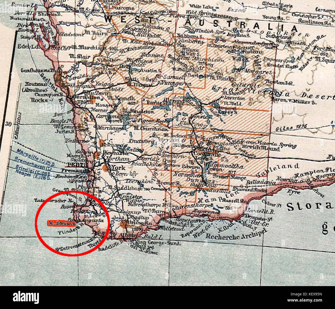 Questa mappa dell'Australia tratta dal "Nordisk familjebok" raffigura le caratteristiche geografiche del continente, con una particolare attenzione a Capo Leeuwin. La mappa riflette la cartografia dell'Australia dei primi anni del XX secolo. Foto Stock