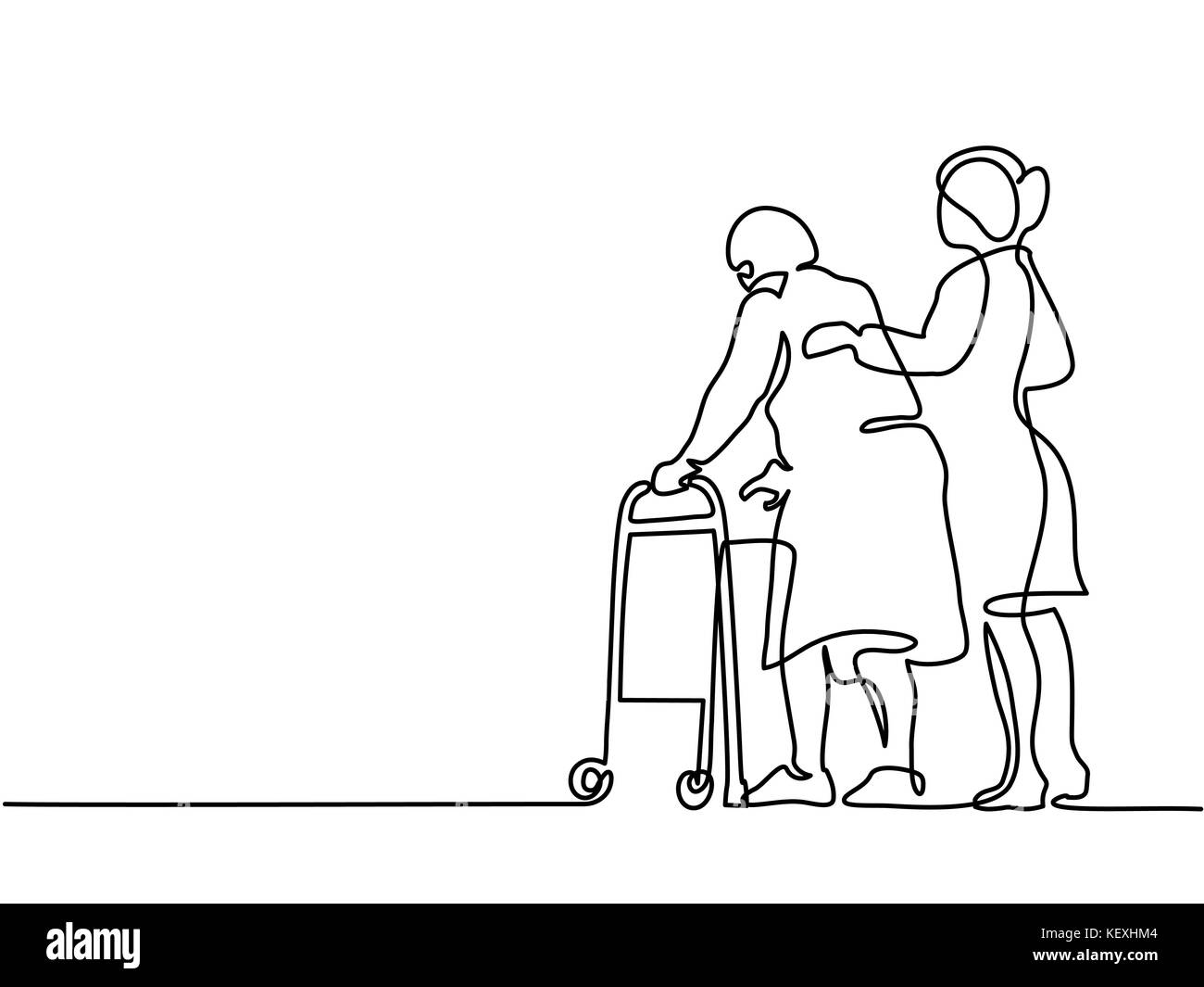 Giovane donna aiutare vecchia donna utilizzando un telaio a piedi Illustrazione Vettoriale