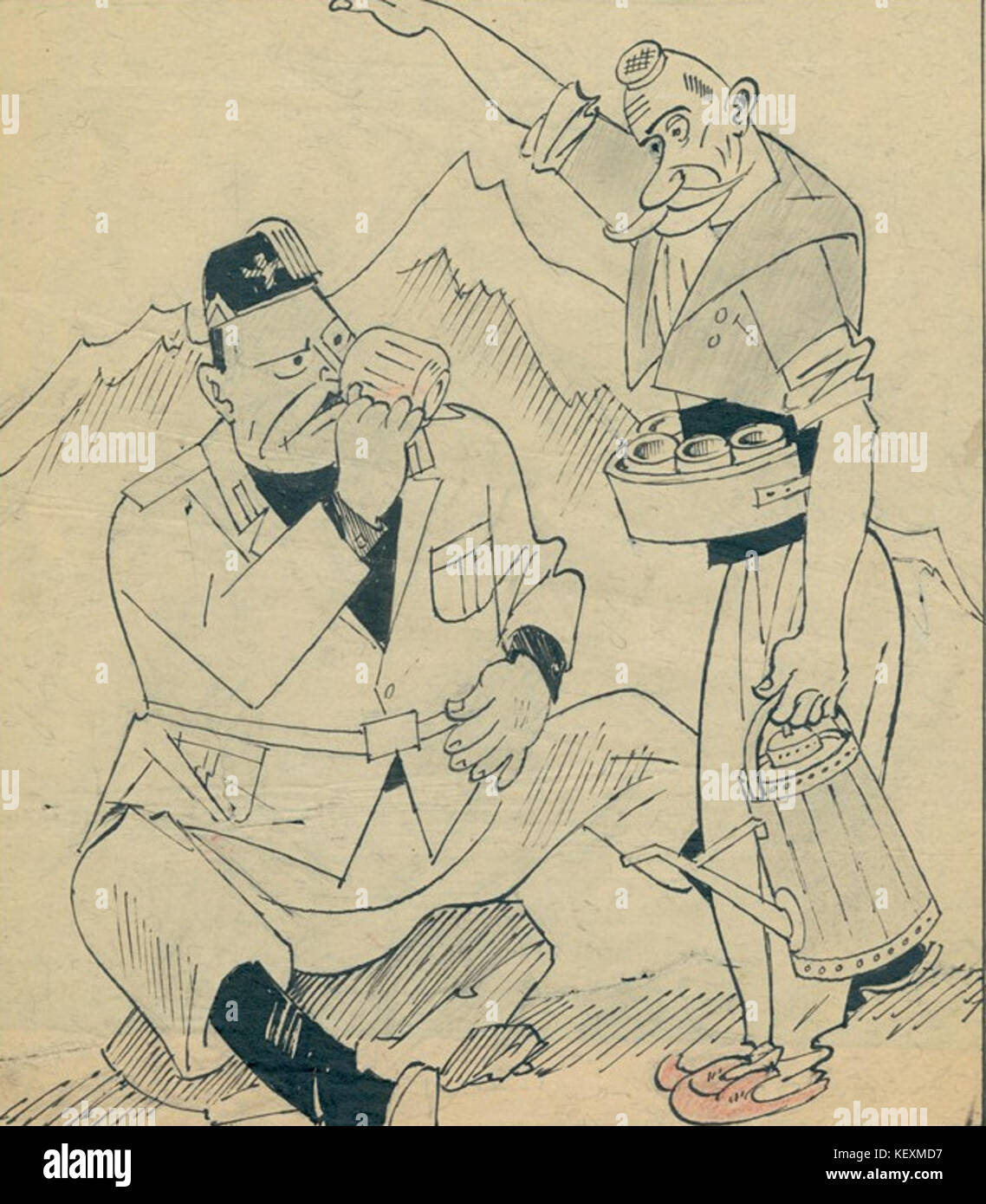 Questa caricatura di Rayko Aleksiev raffigura una scena umoristica o satirica, evidenziando lo stile unico dell'artista e l'approccio all'arte caricaturale. Foto Stock