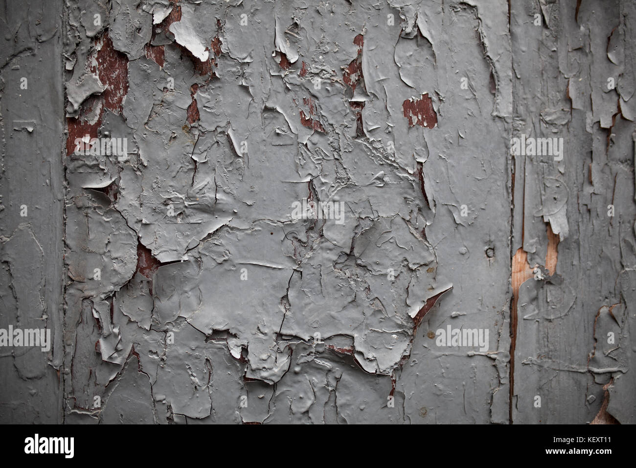 Parete incrinata, vernice bianco spellatura di un vecchio muro interno orizzontale. Foto Stock