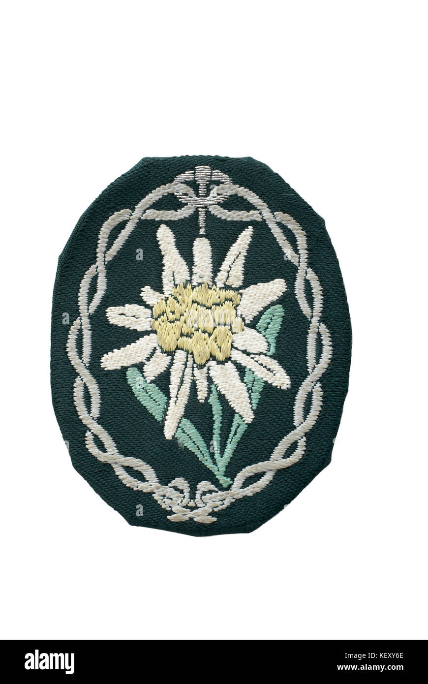Tedesco presso la seconda guerra mondiale il manicotto (arm) striscia di tedesco montagna speciale chasseur "Edelweiss". usata in estate uniforme. Foto Stock