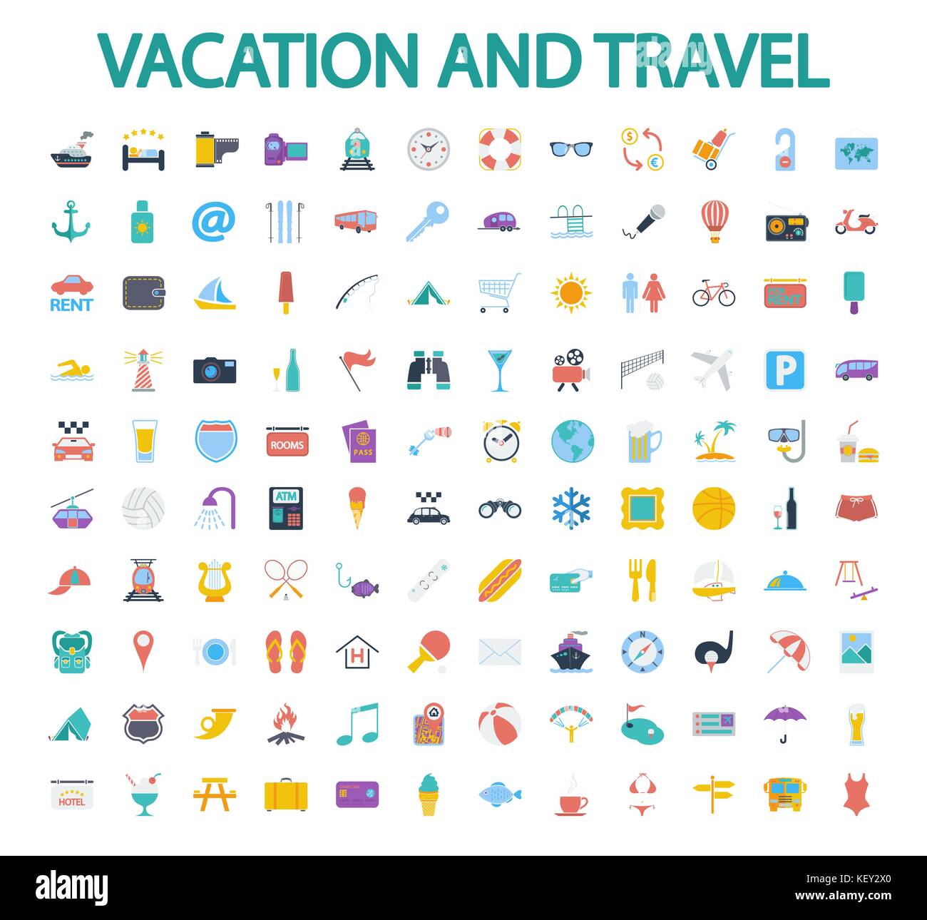 Vacanze e viaggi set di icone. Vettore di piana relative icon set per il web e applicazioni per dispositivi mobili. Esso può essere utilizzato come - il logo, il pittogramma, icona, una infografica el Illustrazione Vettoriale