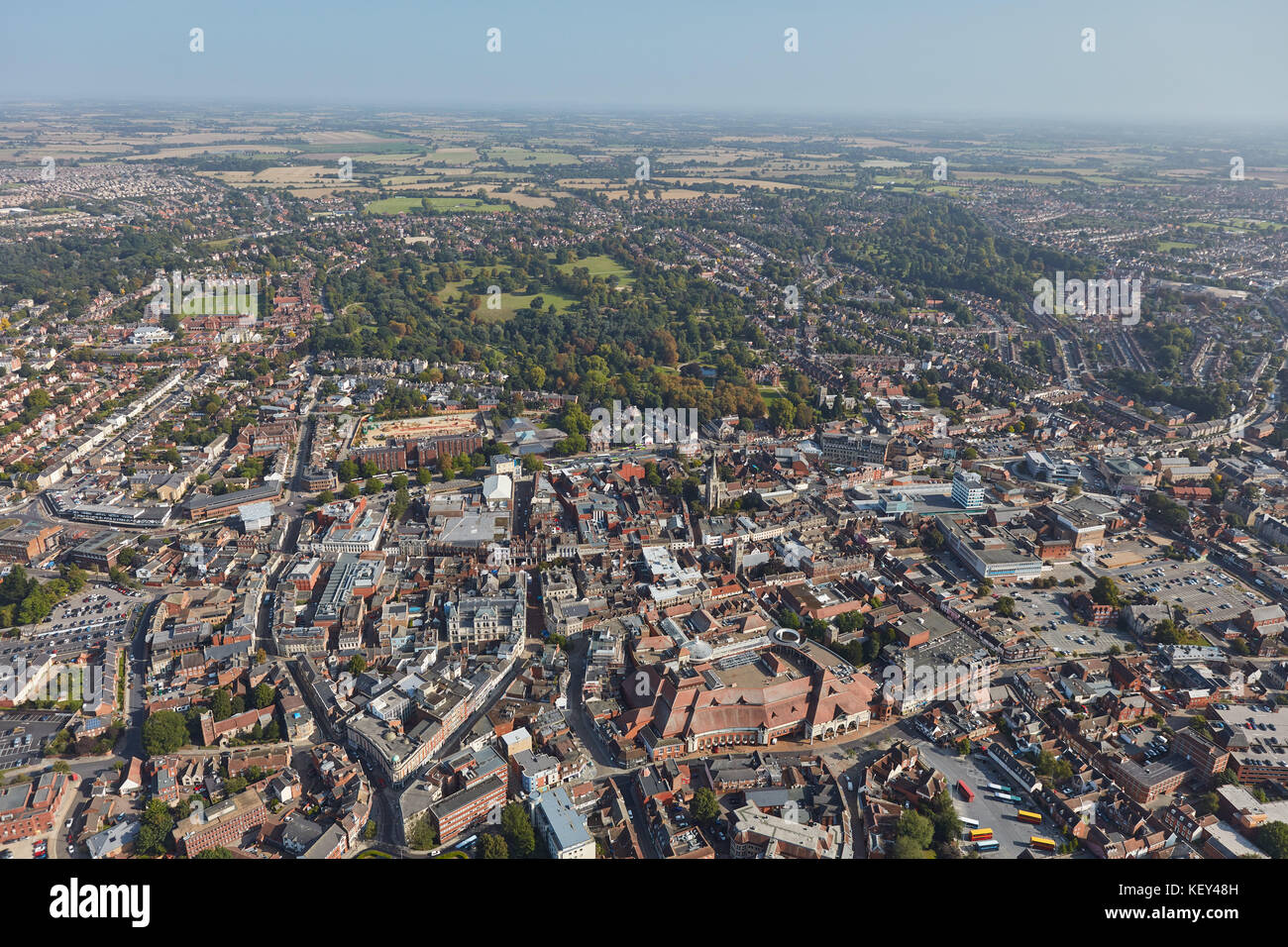 Una veduta aerea del centro di Ipswich, il capoluogo della contea di Suffolk Foto Stock