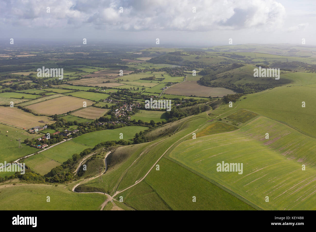Una veduta aerea del South Downs vicino a Devils Dyke, West Sussex Foto Stock