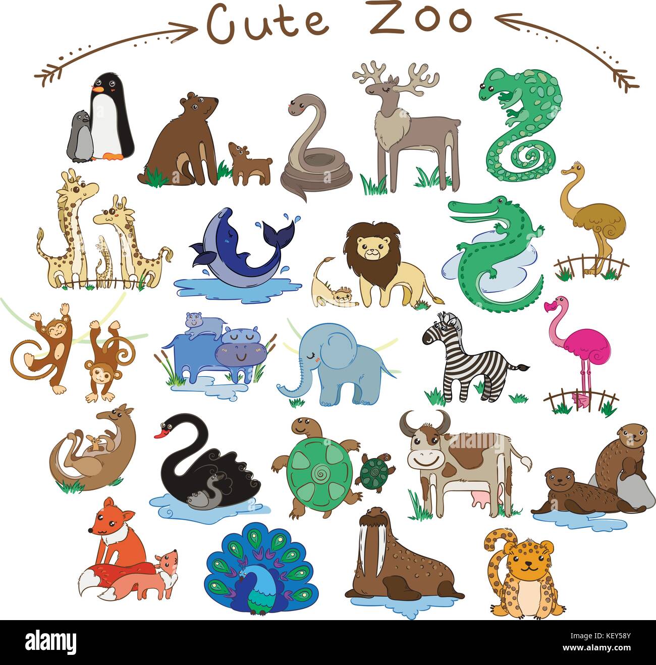 Raccolta di Cartoon carino doodle animali e uccelli del mondo. vettore serie di illustrazioni Illustrazione Vettoriale