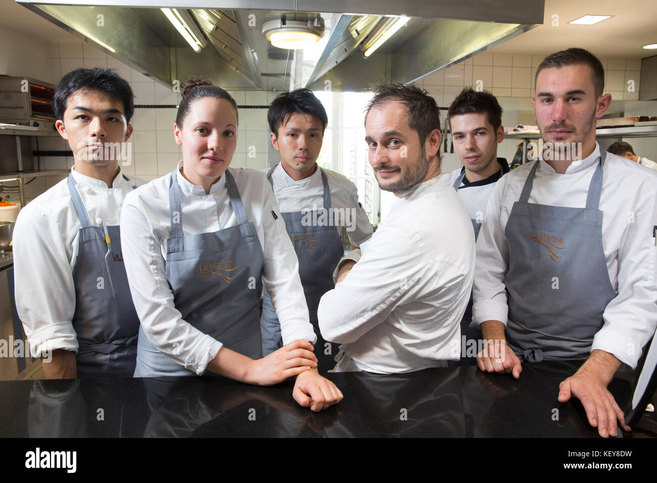 Europa/Francia/Isola di Noirmoutier. Ristorante la Marine.Alexandre Couillon e il team Foto Stock