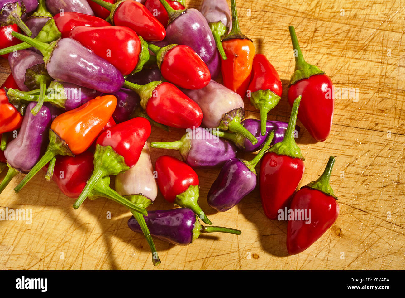 Tutto fresche, piccolo rosso e viola peperoncini piccanti Foto Stock