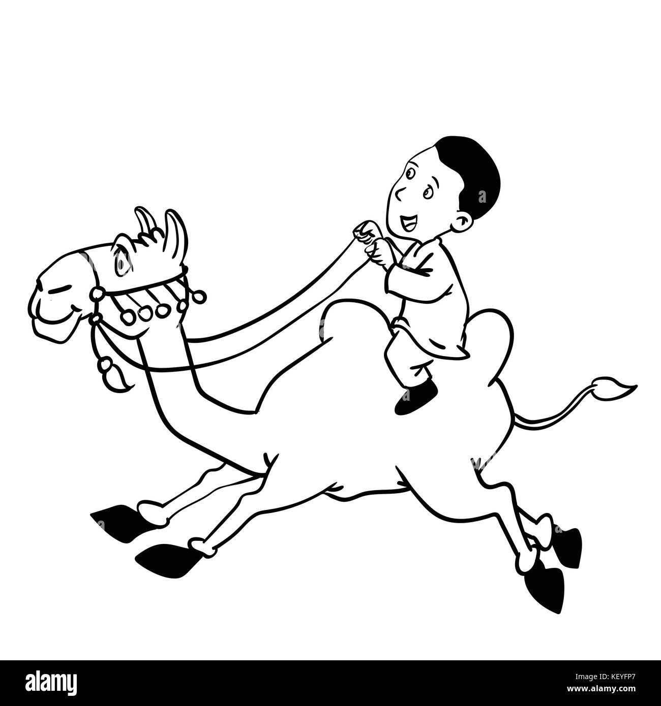 Illustrazione del ragazzo arabo a cavallo di cammello, di stile cartoon - vettore disegnata a mano Illustrazione Vettoriale