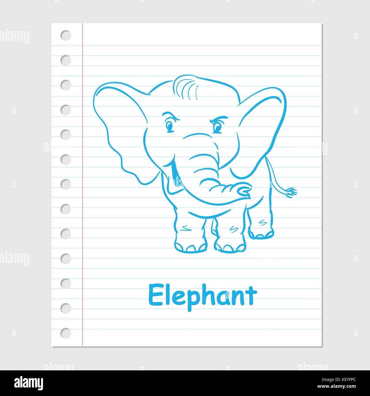 Illustrazione di un elefante cartoon sul foglio di carta sfondo con linee, margine e fori-illustrazione vettoriale Illustrazione Vettoriale