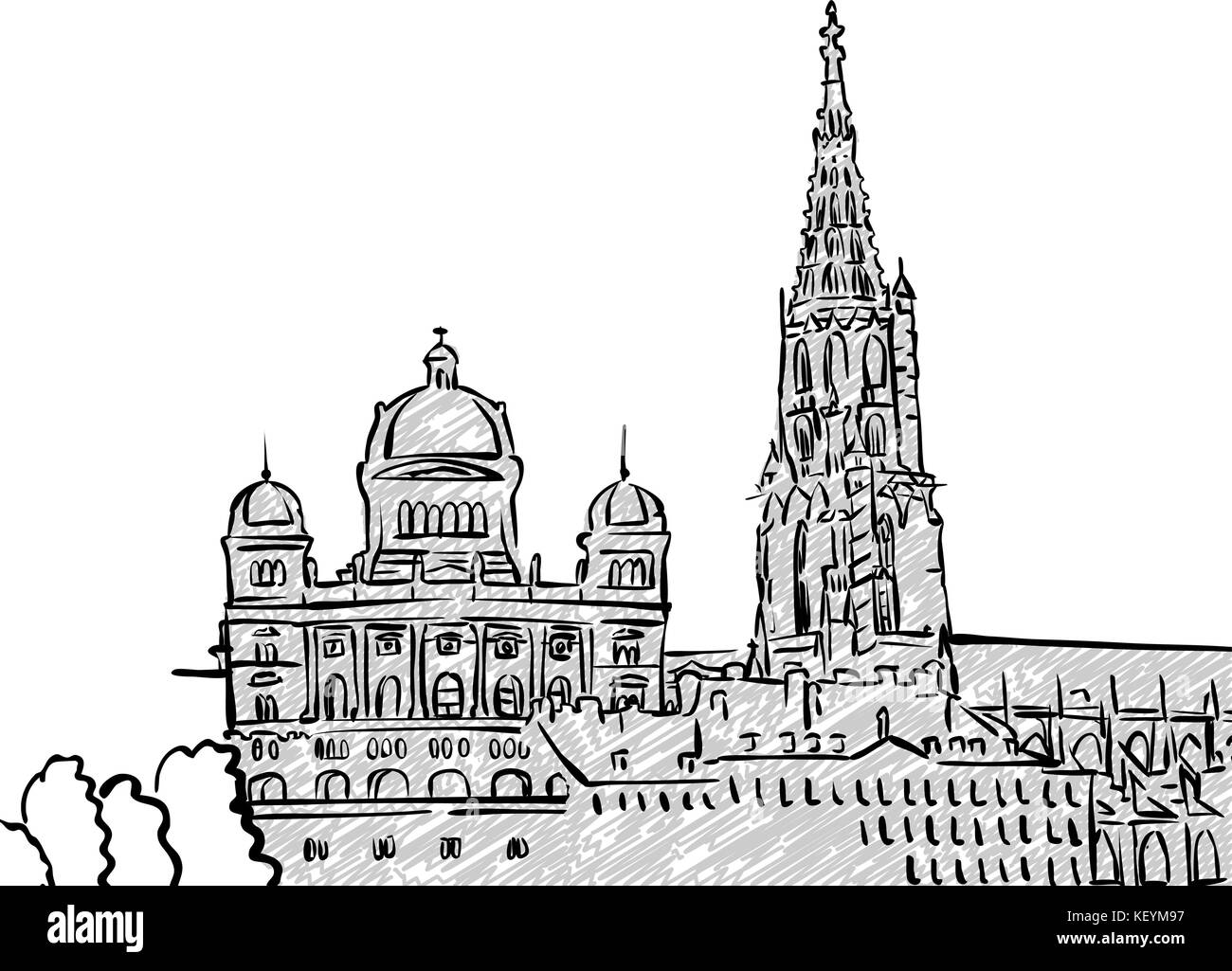 Bern, Svizzera famoso disegno di viaggio. Lineart disegno a mano. Biglietto di auguri design, illustrazione vettoriale Illustrazione Vettoriale