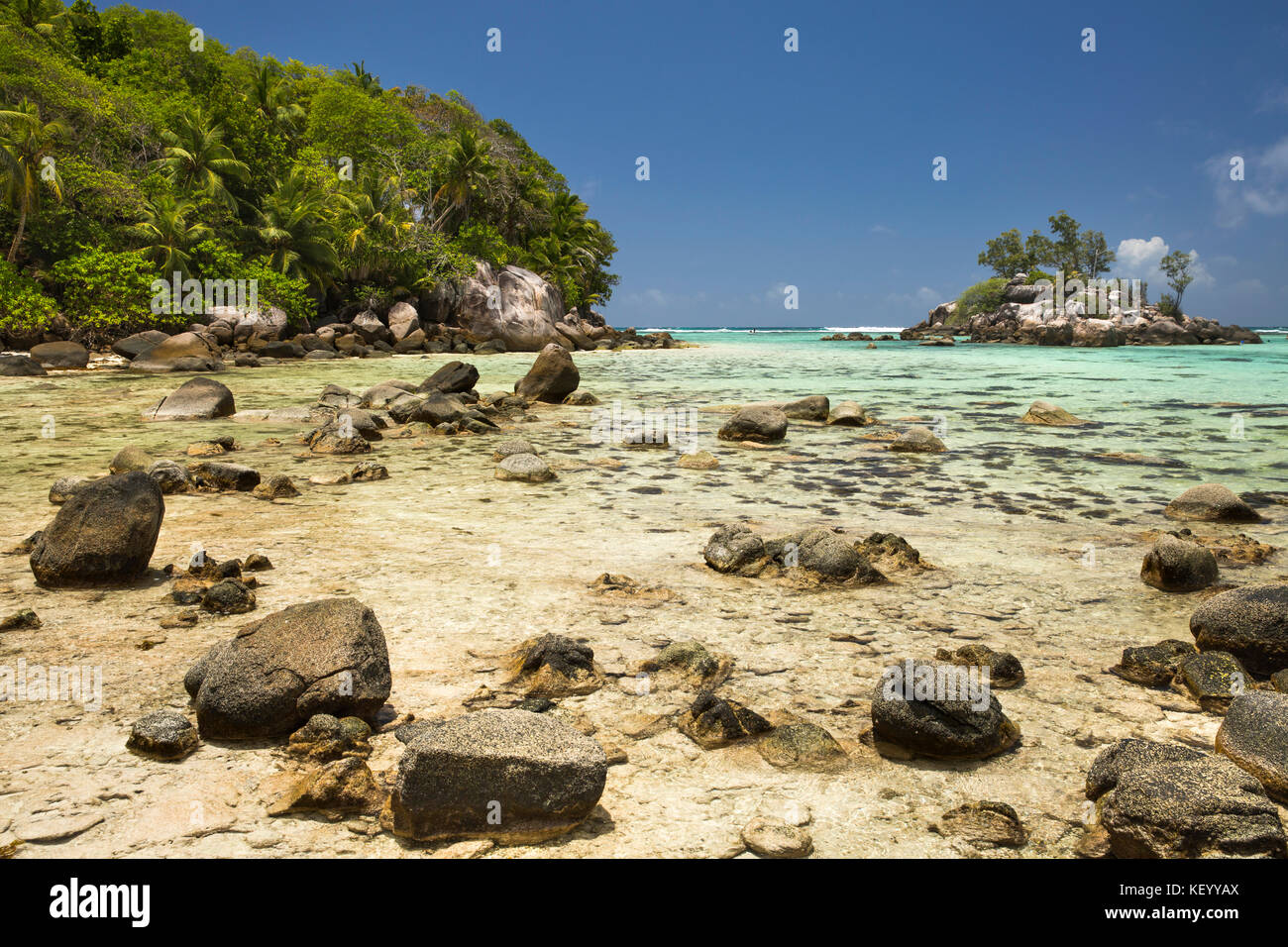 La Seychelles, Mahe, Anse Royale, Ile Souris, spiaggia, con la bassa marea Foto Stock