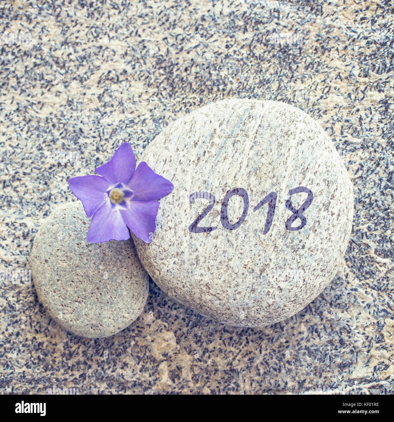 2018 scritto su una pietra con sfondo blu fiore pervinca Foto Stock