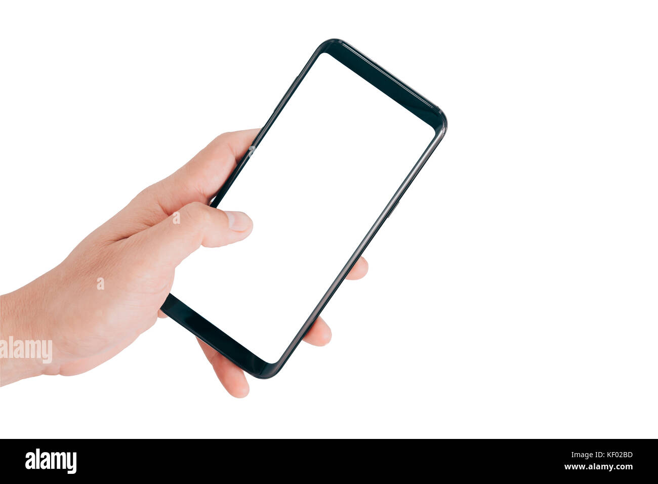 Smartphone mock up,mano che tiene il telefono cellulare e utilizzando toccando schermo isolato su sfondo bianco con percorso di clipping per la progettazione Foto Stock