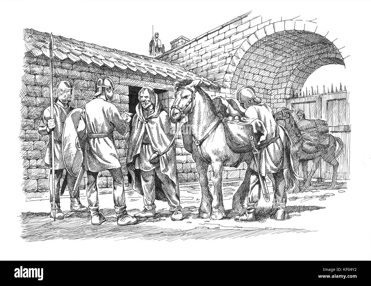 Il Vallo di Adriano. Linea di ricostruzione di disegno di un viaggiatore e il suo cavallo in fase di valutazione da parte di soldati romani sul lato meridionale di Knag Burn Gateway. T Foto Stock