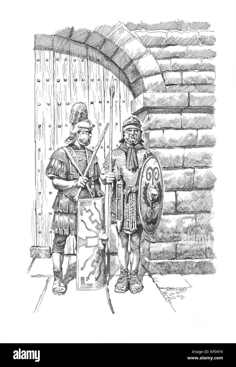Il Vallo di Adriano. Linea di ricostruzione disegno di due soldati romani nella parte anteriore di un tipico gateway sulla parete di Adriano. Baed su Grindon Milecastle. Philip C Foto Stock