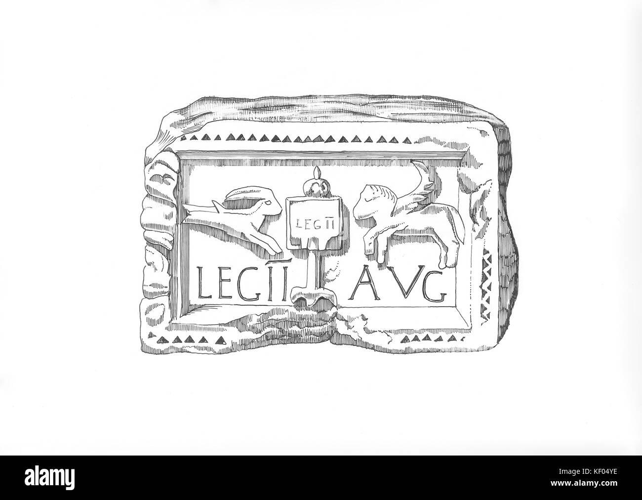 Il Vallo di Adriano. Illustrazione raffigurante una placca intagliato trovato alla Benwell Roman Fort, mostrando l'emblema della seconda legione Augusta - un vessillo (bandiera Foto Stock