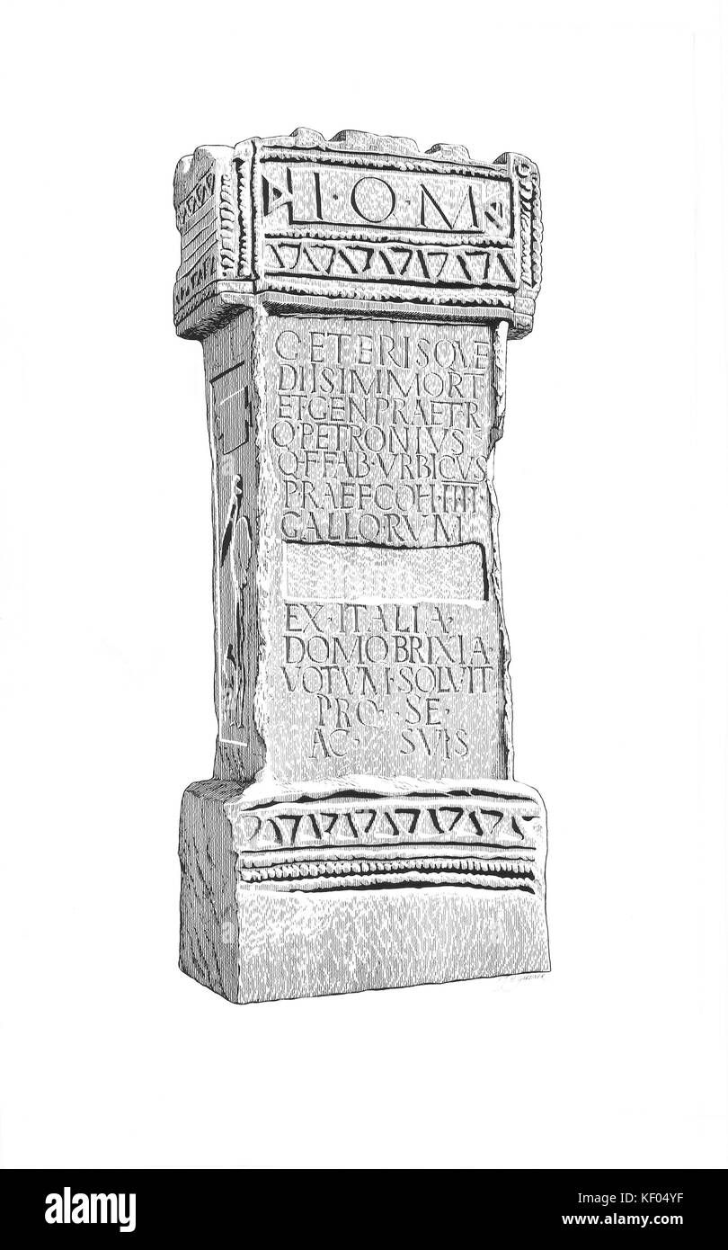 Il Vallo di Adriano, Chesters museo. Illustrazione raffigurante una pietra intagliata altare al dio Giove, scavato dal pretorio di Vindolanda Roman per Foto Stock