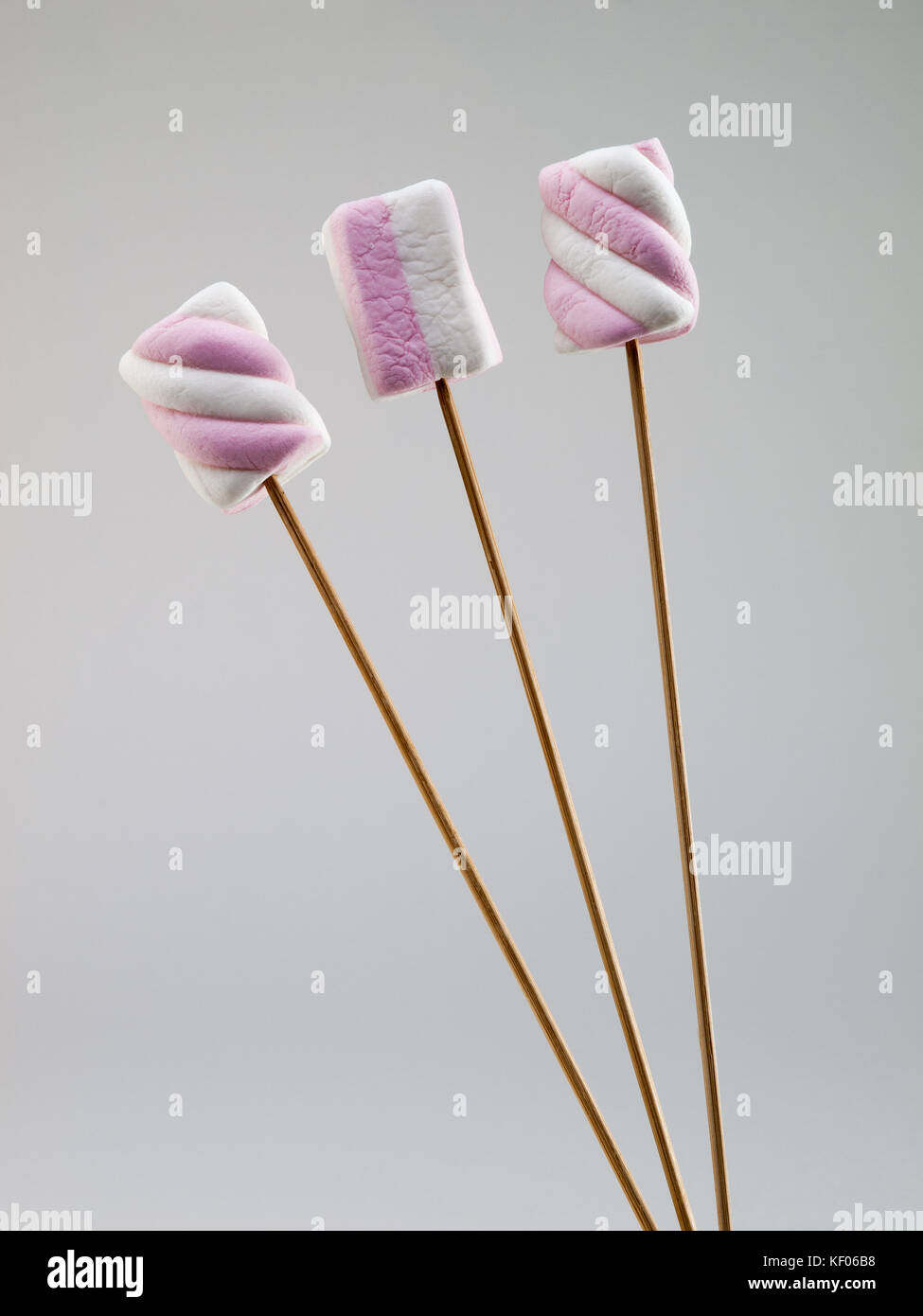 Rosa e Bianco bicolor marshmallows su spiedino di legno bastoni, isolato su sfondo grigio chiaro Foto Stock