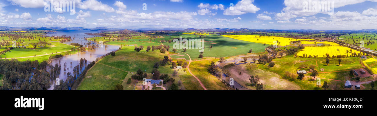 Sviluppato aziende agricole con coltivazioni di colture e canola intorno al lago di Hume, Murray River area del NSW vicino albury. Foto Stock
