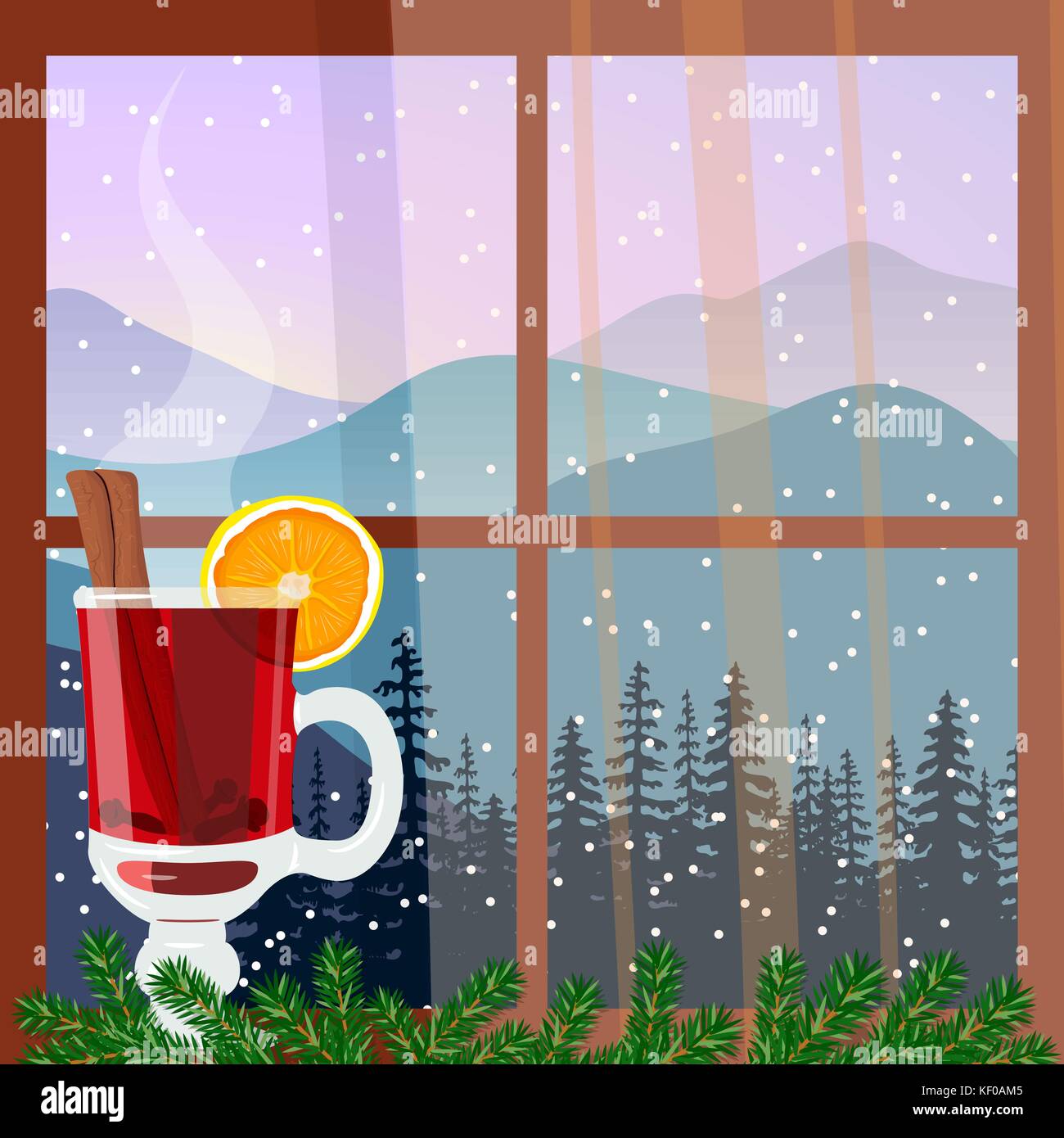 Natale finestra decorata con vin brulé. inverno il paesaggio con le sagome delle montagne e foreste. illustrazione vettoriale Illustrazione Vettoriale